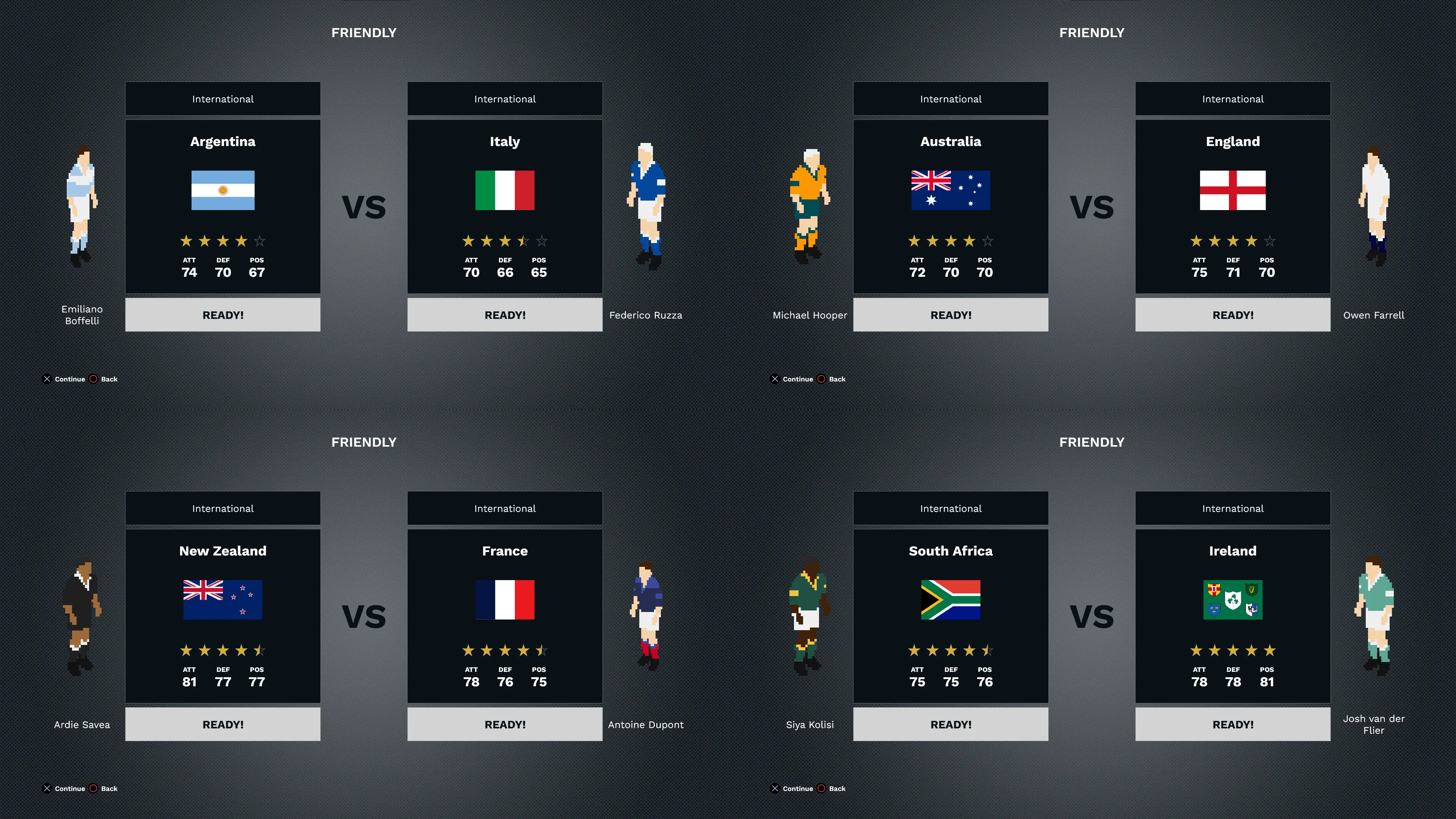 International team select screens.