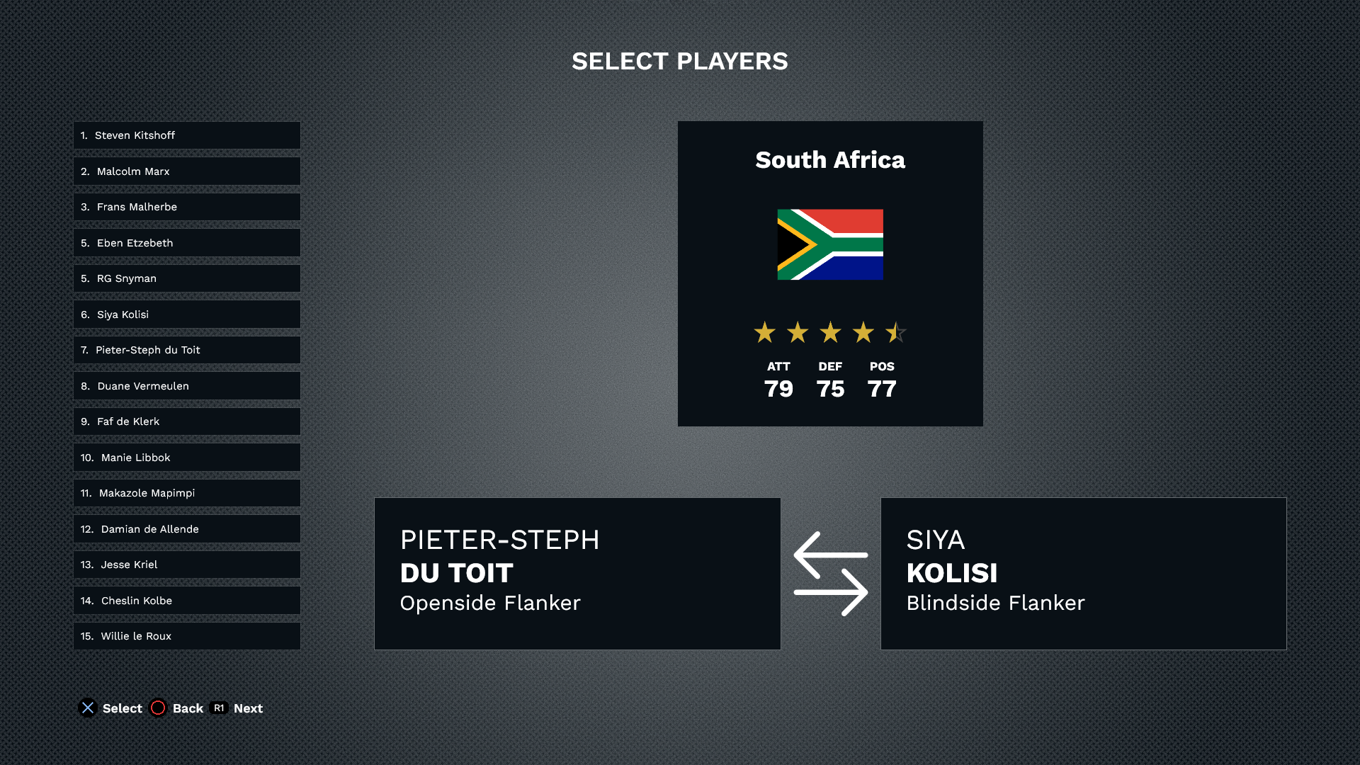 Select players screen.